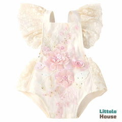 Baby Embroidery Romper with Flying Mesh Sleeves O030 | 9M | Light Pink