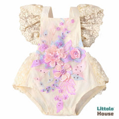 Baby Embroidery Romper with Flying Mesh Sleeves O030 | 9M | Purple