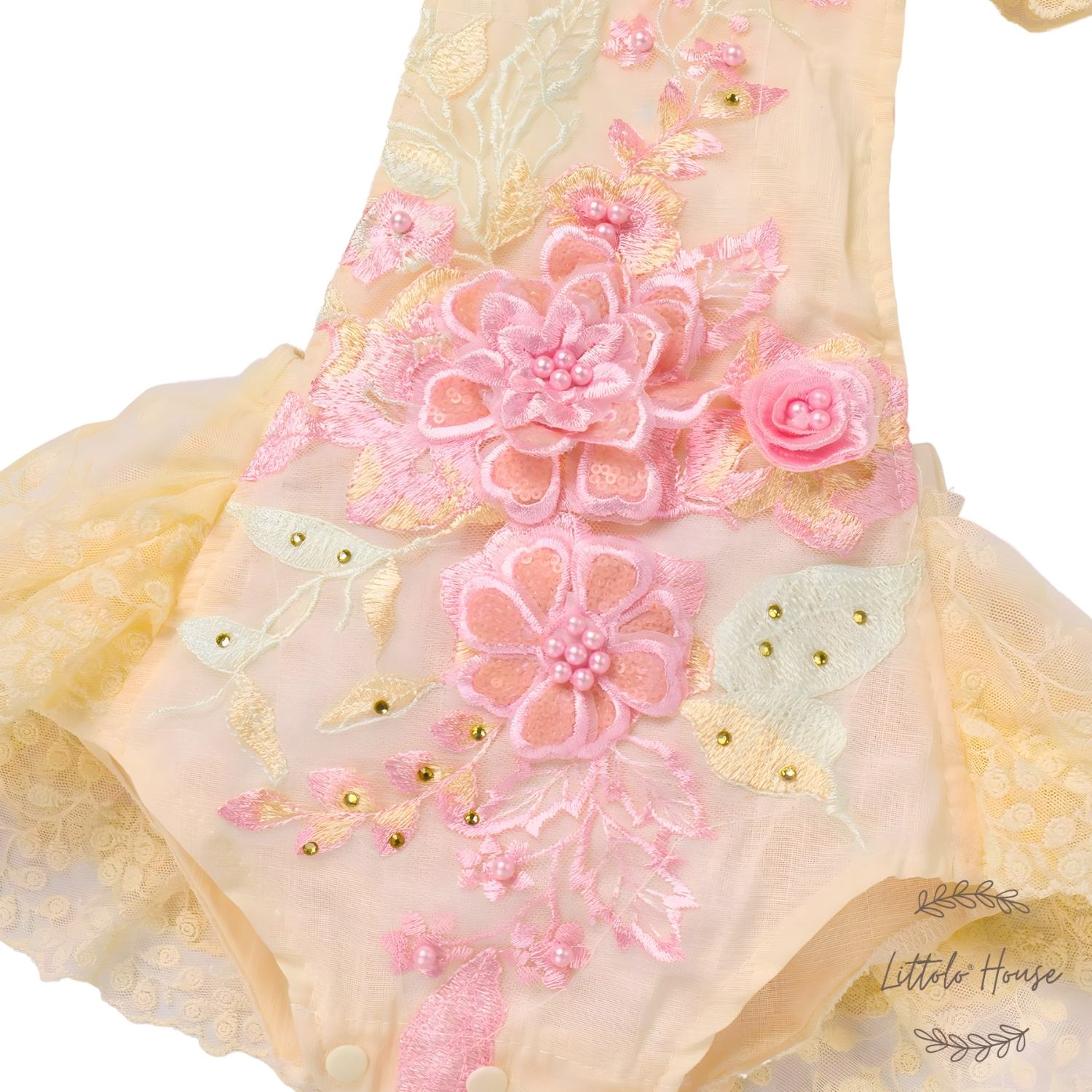 Baby Embroidery Romper with Flying Mesh Sleeves O030 | 9M | Light Pink