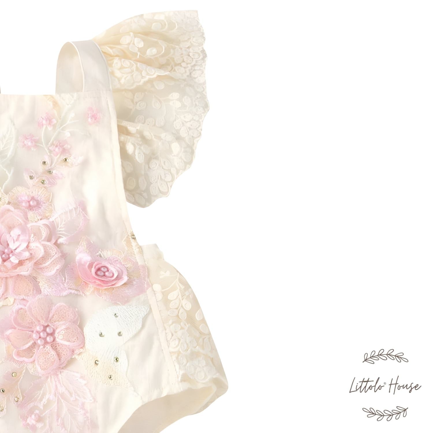 Baby Embroidery Romper with Flying Mesh Sleeves O030 | 9M | Light Pink