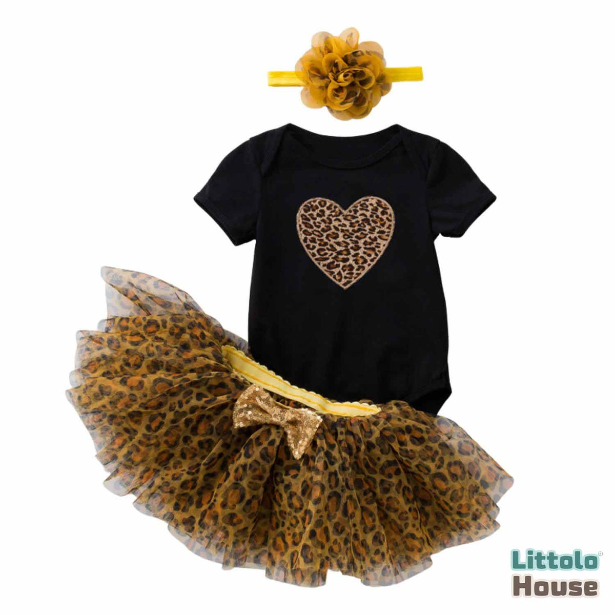 Baby Girl Birthday Cake Smash Outfit Leopard Romper with Skirt and Hairband Set of 3 Outfit O068 | 1Y | Black Brown