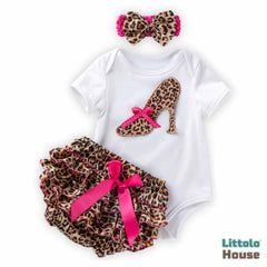 Baby Girl Birthday Cake Smash Outfit Leopard Fashion Romper with Shorts and Hairband Set of 3 Outfit O068 | 1Y | Brown White