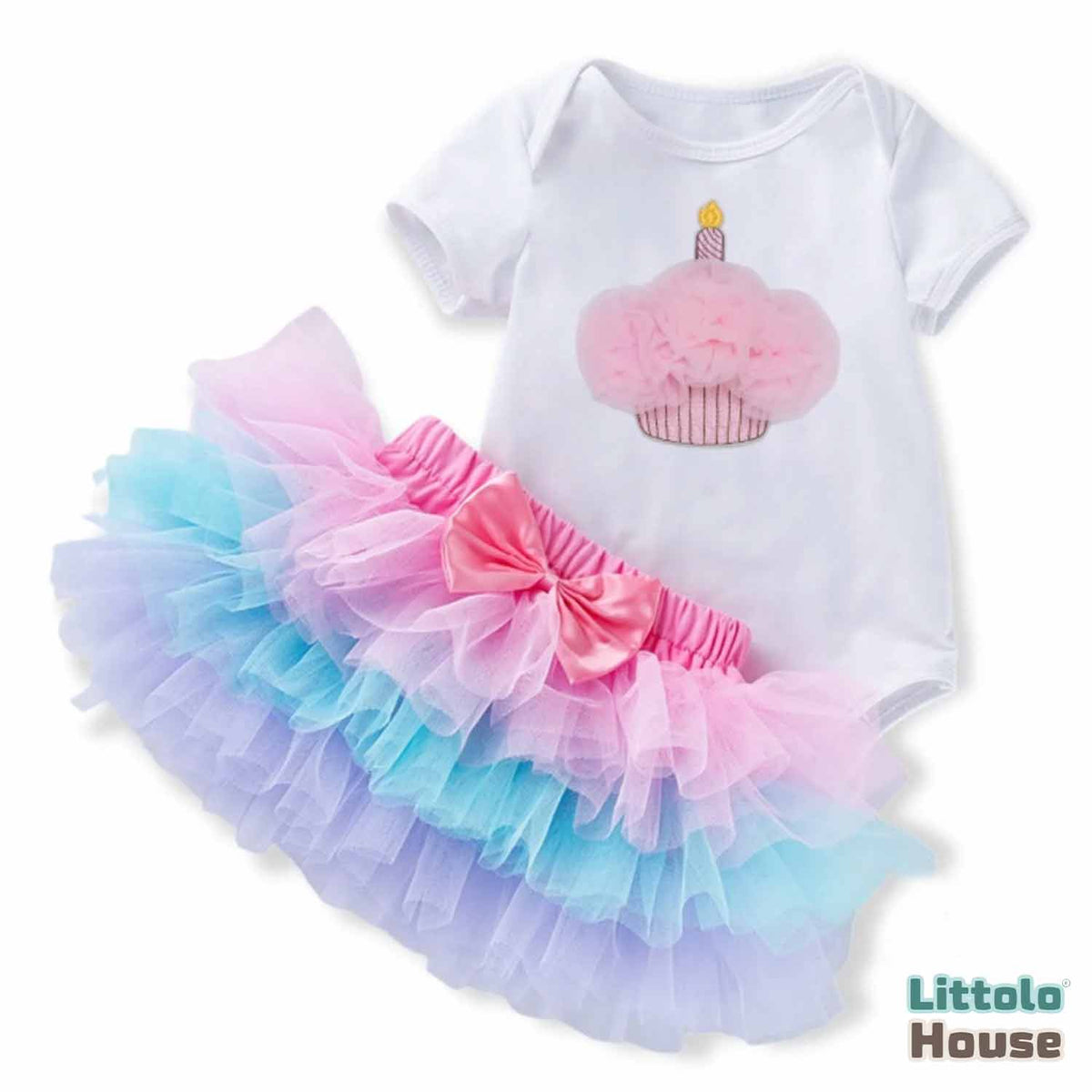 Baby Girl Birthday Cake Smash Outfit Tutu Skirt with White Romper and Hairband. Outfit O070 | 1Y | Tricolour