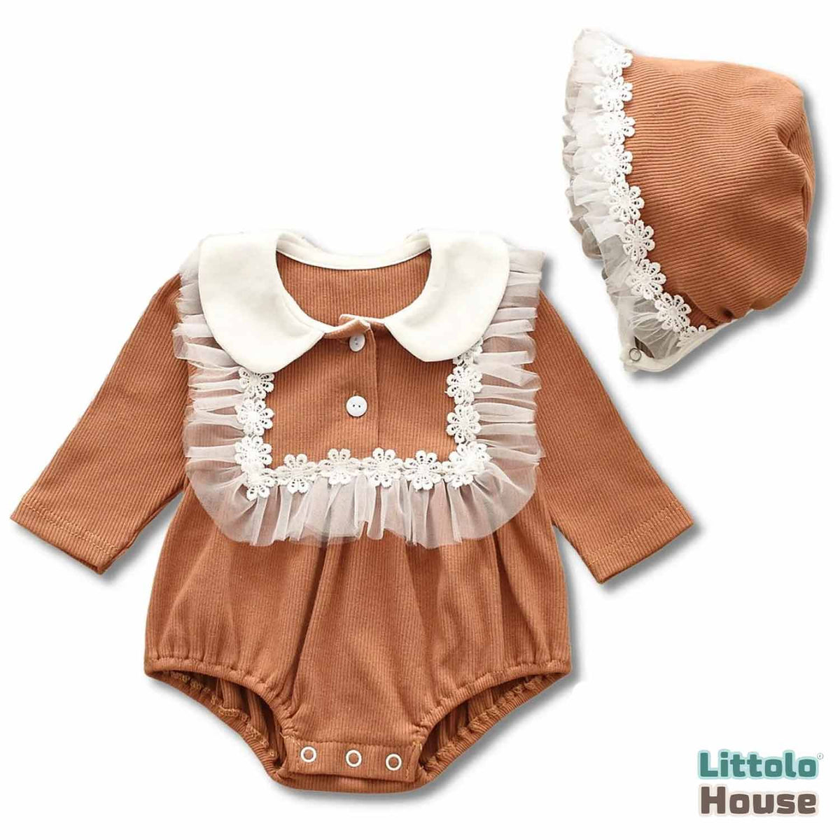 Baby Girl Bodysuit Lace Patchwork with Bonnet Outfit O086 | 1Y | Brown