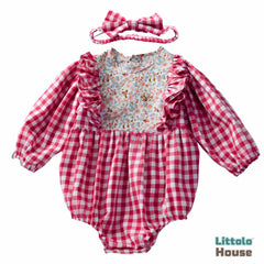 Baby Girl Chex Pattern Romper Outfit O076 | 1Y | Red