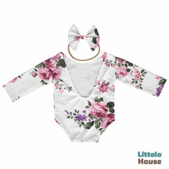 Baby Girl Floral Romper with Hairband Outfit O081 | NB | Purple White