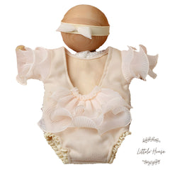 Baby Girl Frill Sleeves Romper with Hairband O126 | 3M | Beige