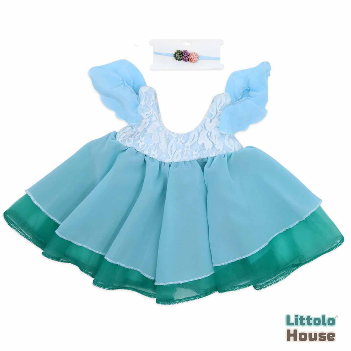 Baby Girl Frock with Hairband O038 | 3M | Sky Green