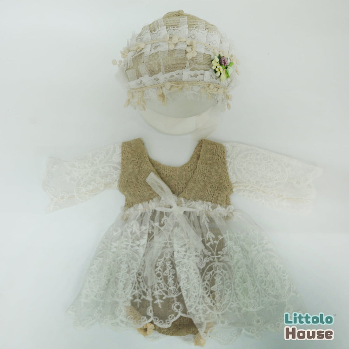 Baby Girl Knit Lace Frock with Lace Bonnet SR004 | Set of 2 | NB | Ivory