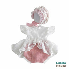 Baby Girl Knit Lace Frock with Lace Bonnet SR004 | Set of 2 | NB | Peach