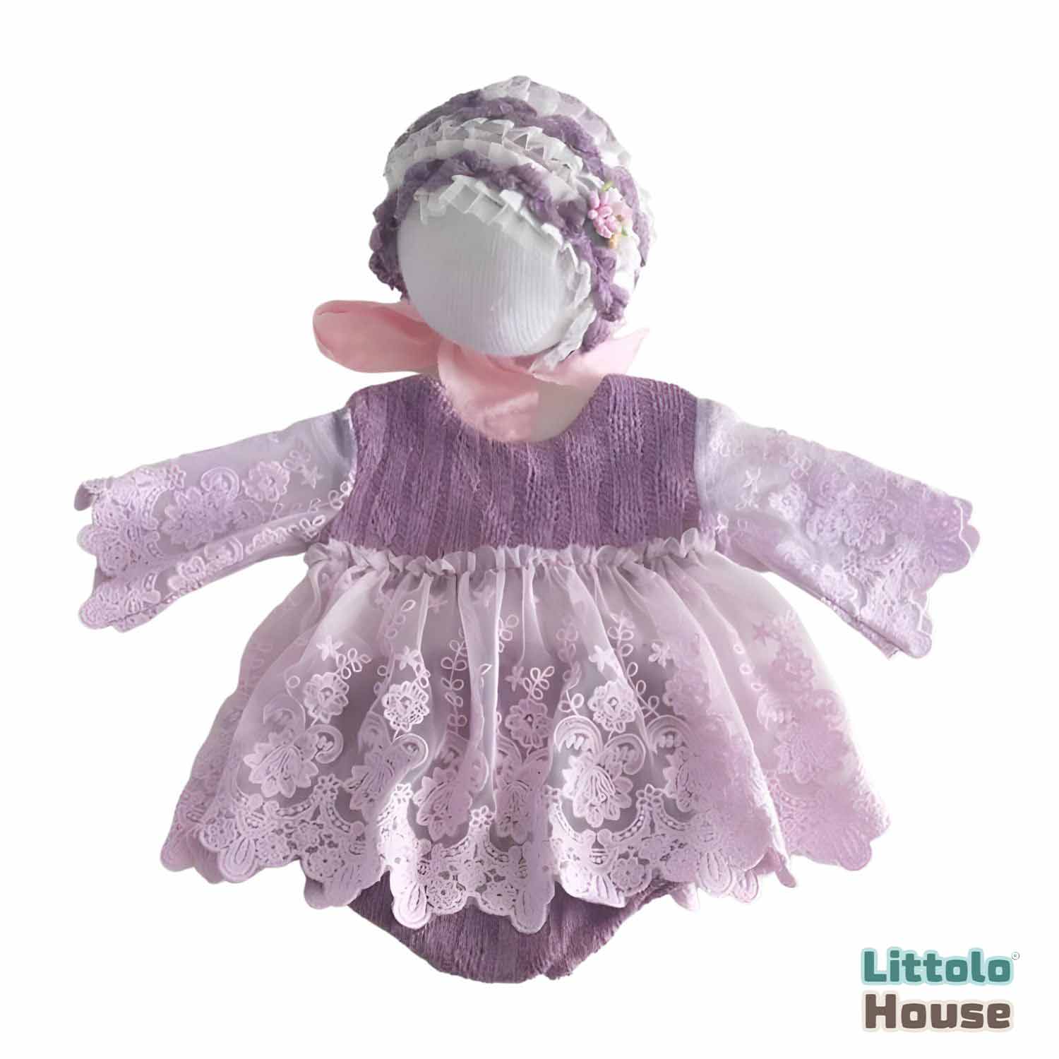 Baby Girl Knit Lace Frock with Lace Bonnet SR004 | Set of 2 | NB | Purple