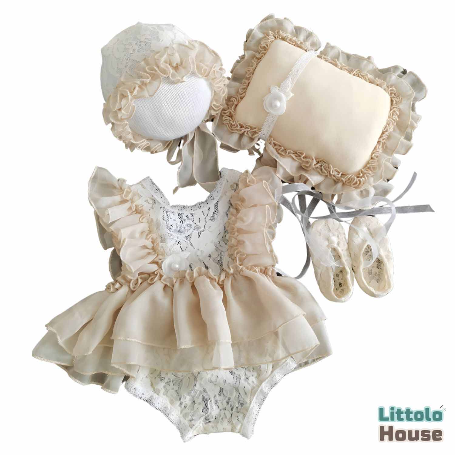 Baby Girl Lace Frill Frock with Bonnet Posing Aid and Botties SR030 | Set of 4 | 2M | Cream