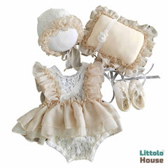 Baby Girl Lace Frill Frock with Bonnet Posing Aid and Botties SR030 | Set of 4 | 2M | Cream