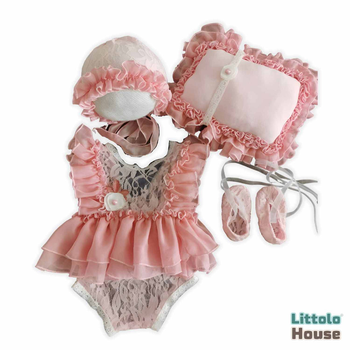 Baby Girl Lace Frill Frock with Bonnet Posing Aid and Botties SR030 | Set of 4 | 2M | Pink