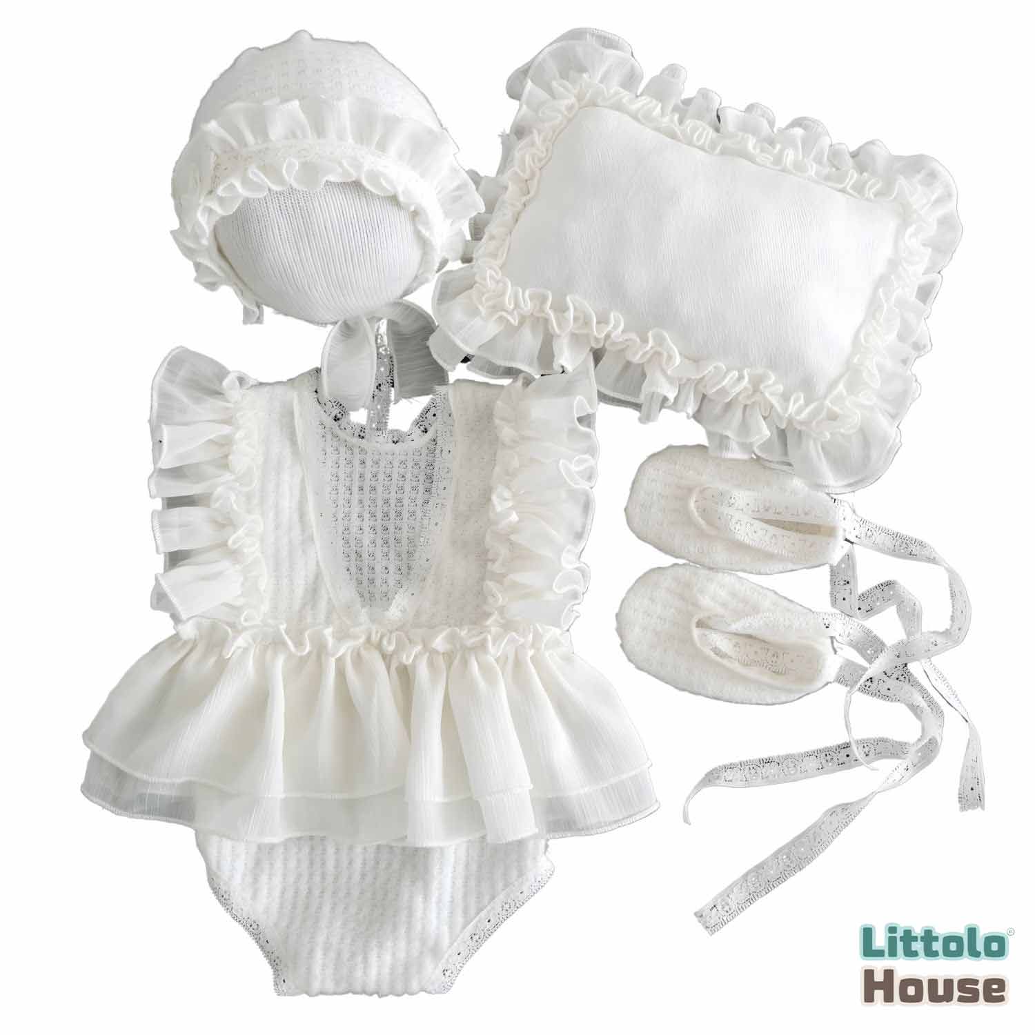 Baby Girl Lace Frill Frock with Bonnet Posing Aid and Botties SR030 | Set of 4 | 2M | White