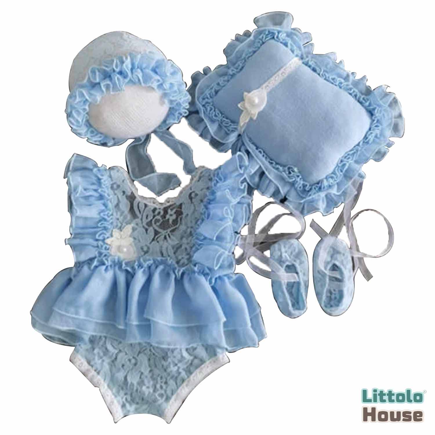 Baby Girl Lace Frill Frock with Bonnet Posing Aid and Botties SR030 | Set of 4 | 2M | Carolina