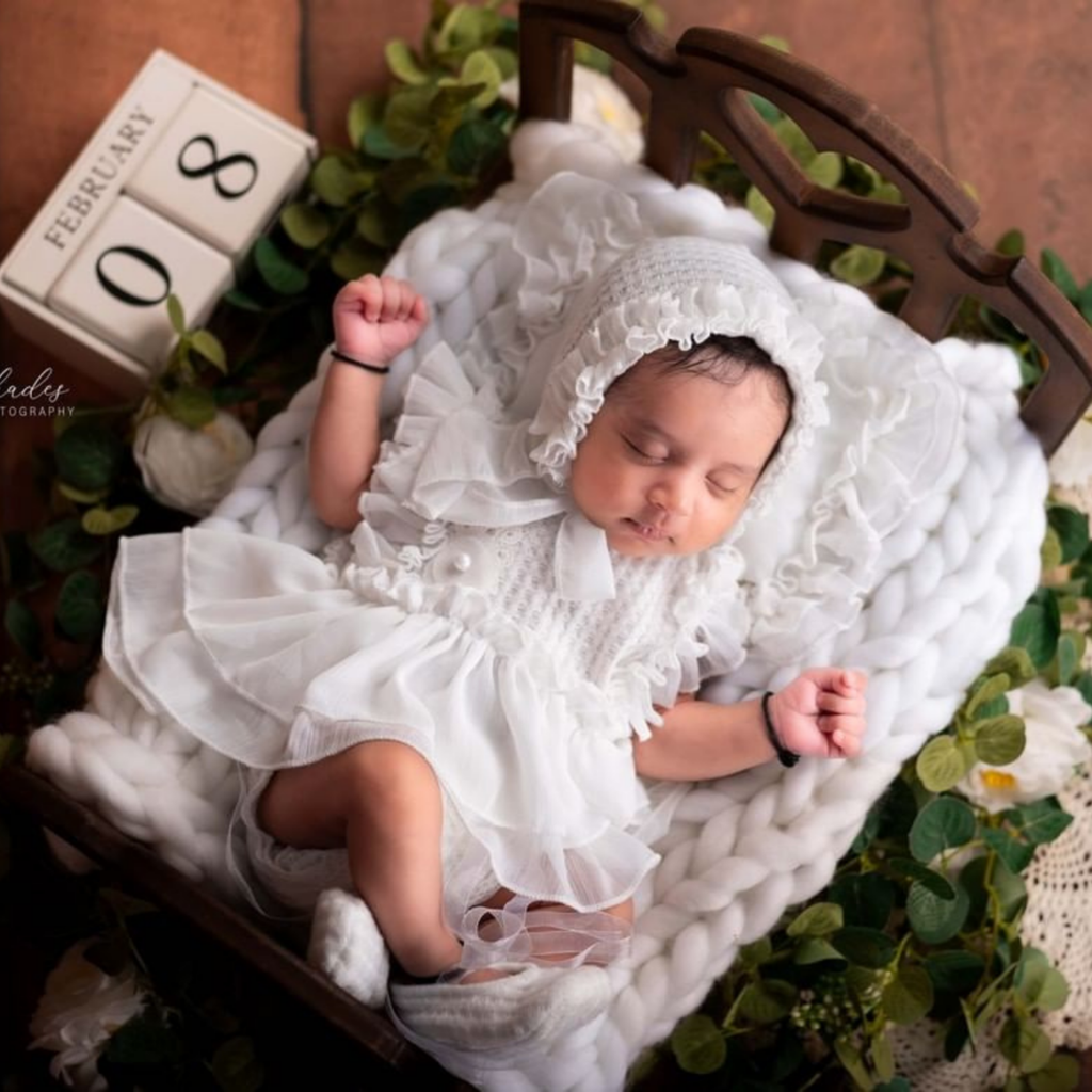 Order White Lace Frill Frock with Bonnet Booties Cute Look