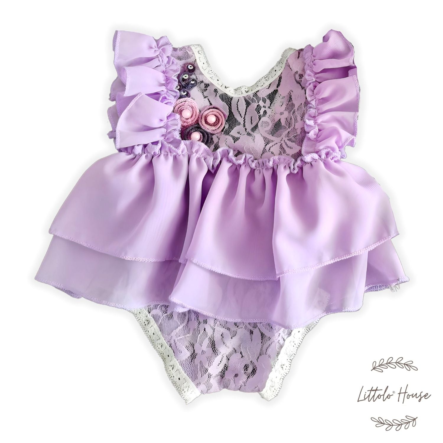 Baby Girl Lace Frill Frock with Bonnet Posing Aid and Botties SR030 | Set of 4 | 4M | Orchid