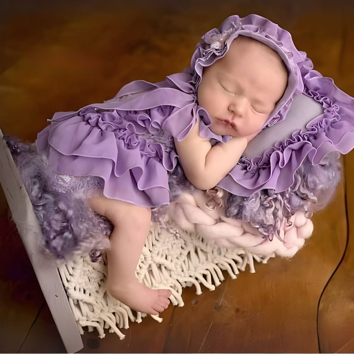 Baby Girl Lace Frill Frock with Bonnet Posing Aid and Botties SR030 | Set of 4 | 4M | Orchid