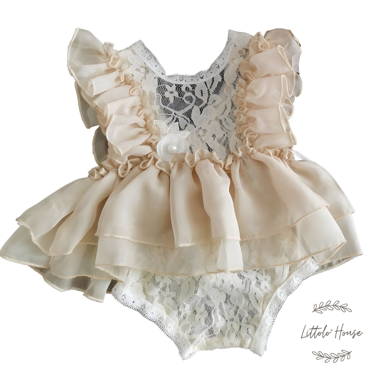 Lace Frill Frock with Bonnet, Posing Aid and Botties SR030 | 4M | Cream