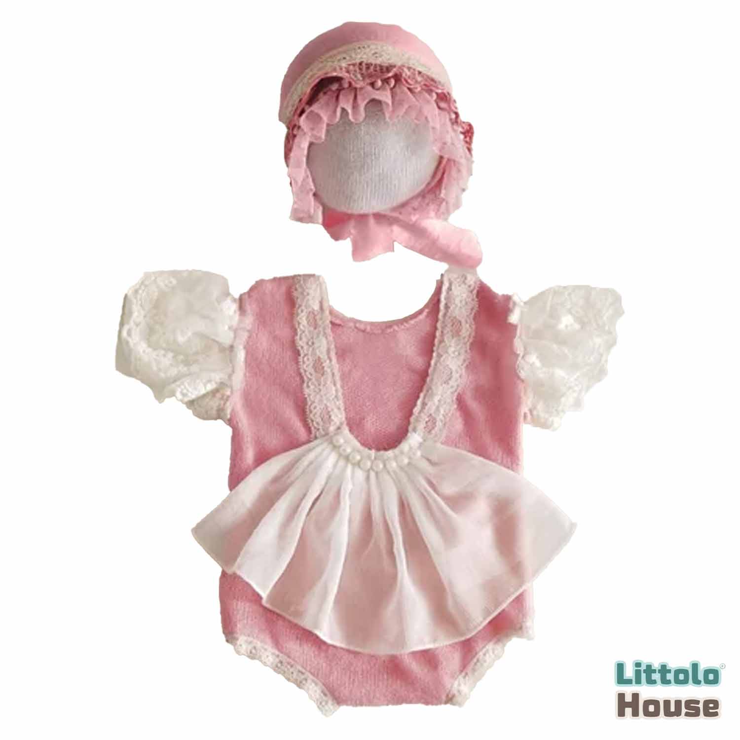 Baby Girl Lace Romper with Hairband and Bonnet SR015 | Set of 3 | NB | Pink