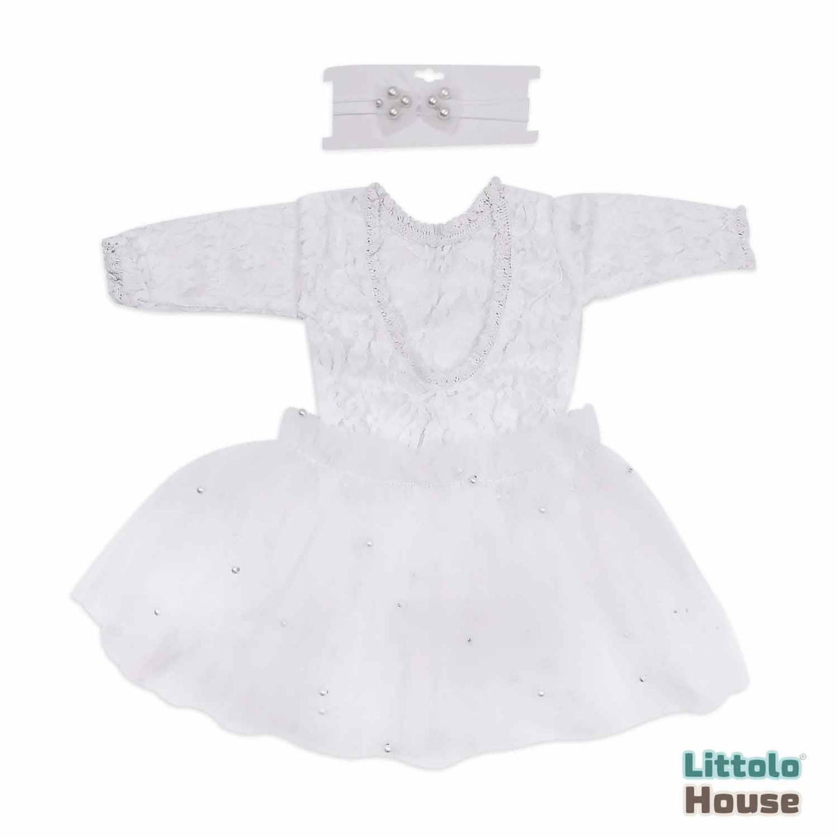 Baby Girl Lace Romper with Net skirt and Hairband O092 | NB | Milky White