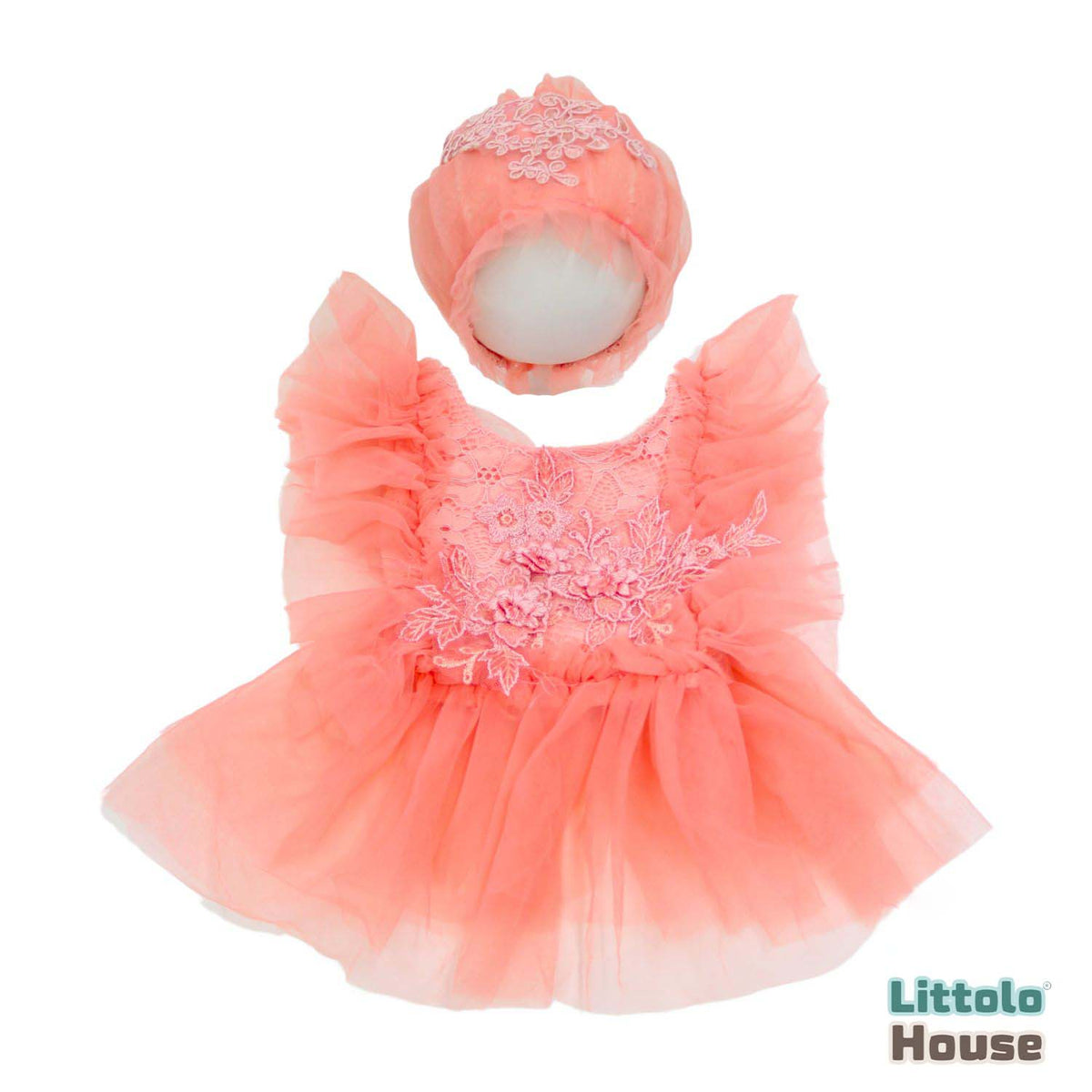 Baby Girl Net Frill Frock with Bonnet O132 | NB | Pink Peach