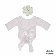 Baby Girl Open Back Lace Romper with Hairband O093 | NB | Milky White