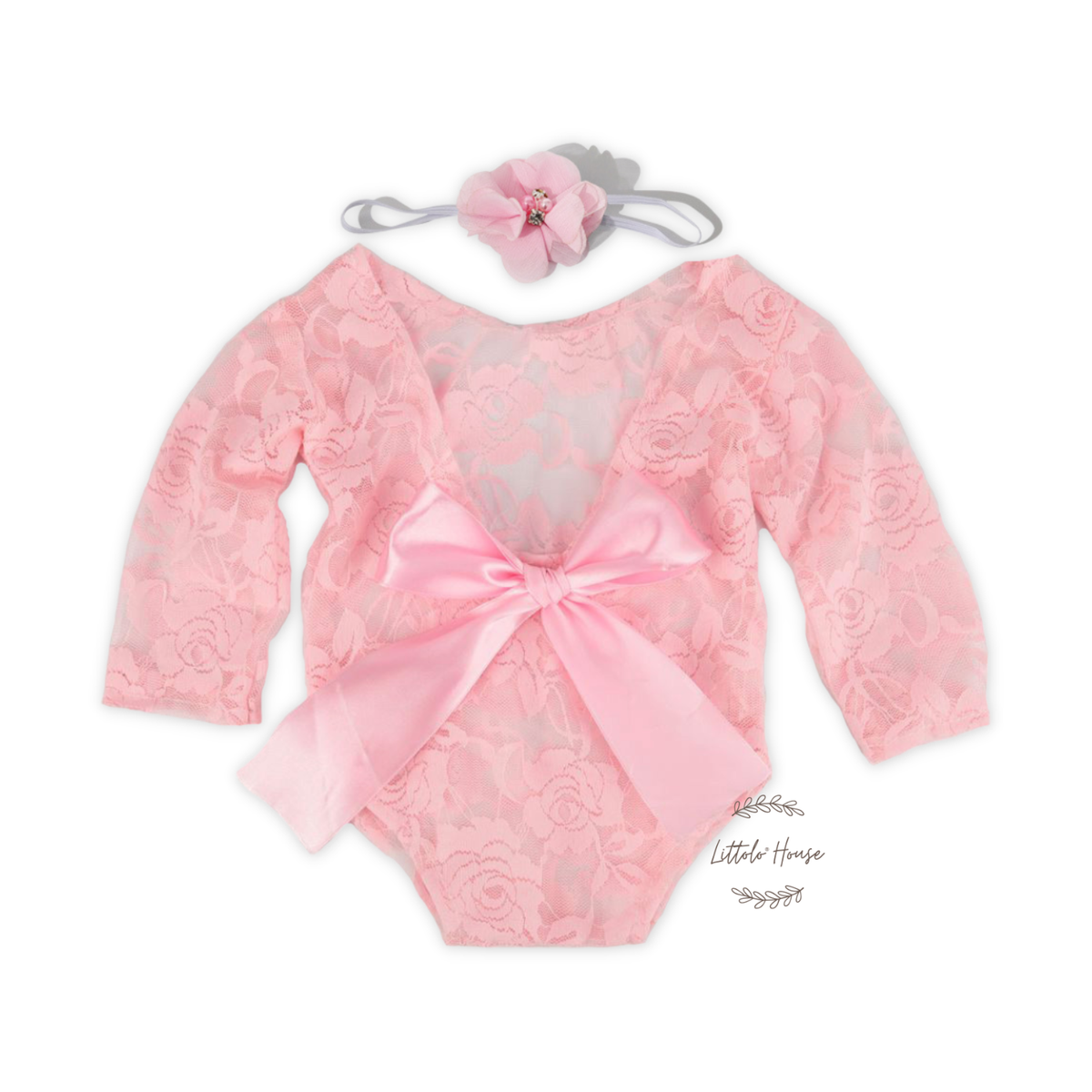 Baby Girl Open Back Lace Romper with Hairband Outfit O082 | NB | Pink