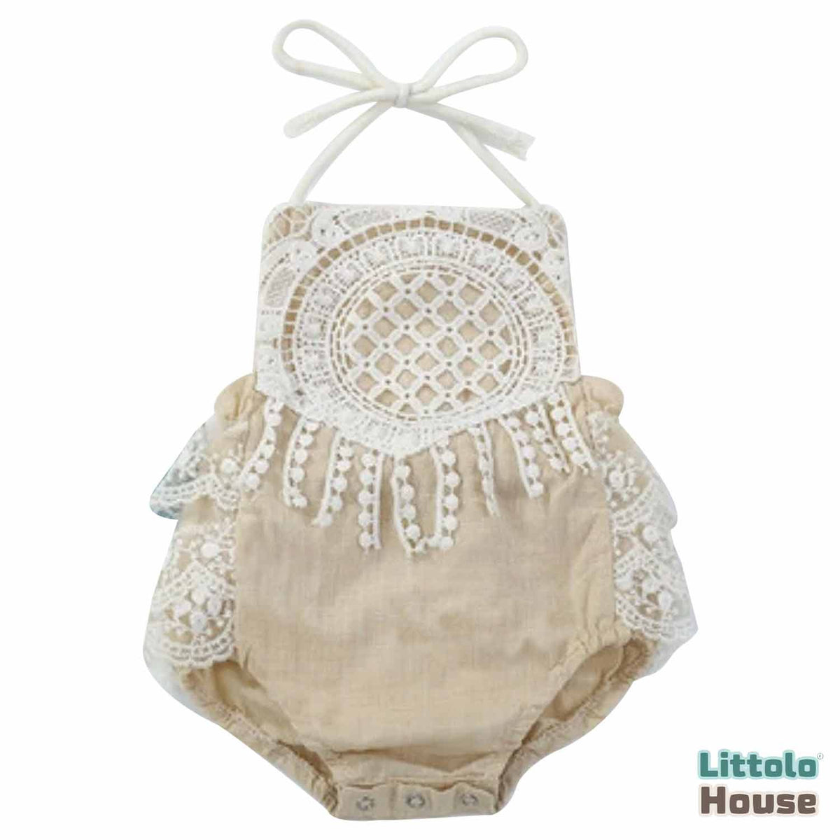 Baby Girl Romper Dress with Embroidery Design Outfit | 9M | Beige