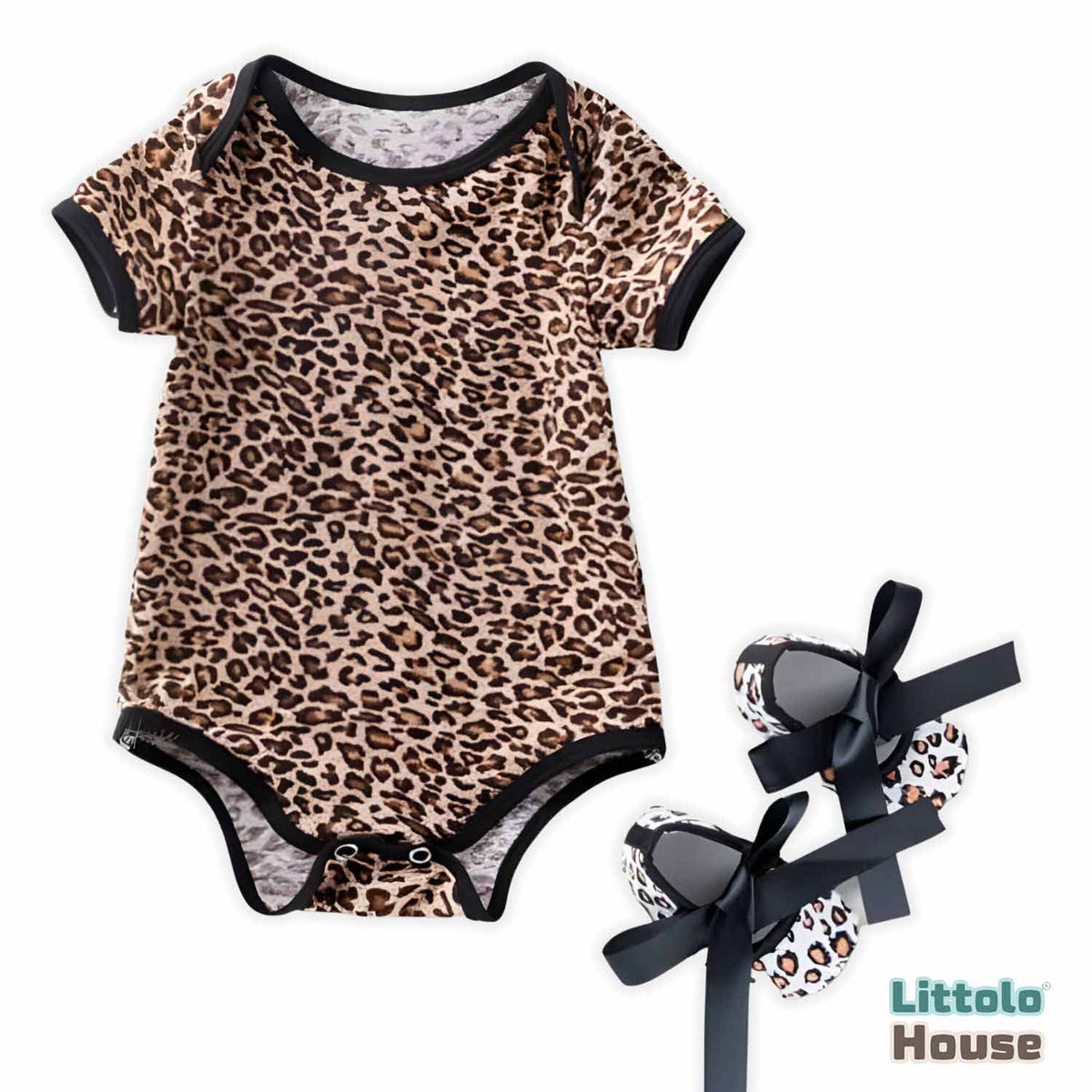 Baby Girl Romper with Hairband and Booties Set of 3 Outfit O065 | 1Y | Leopard Print