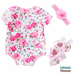 Baby Girl Romper with Hairband and Booties Set of 3 Outfit O065 | 1Y | Rose Print