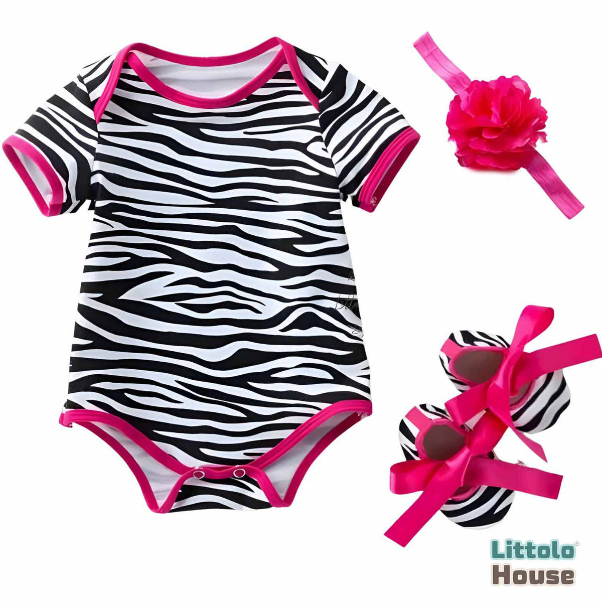 Baby Girl Romper with Hairband and Booties Set of 3 Outfit O065 | 1Y | Zebra Print