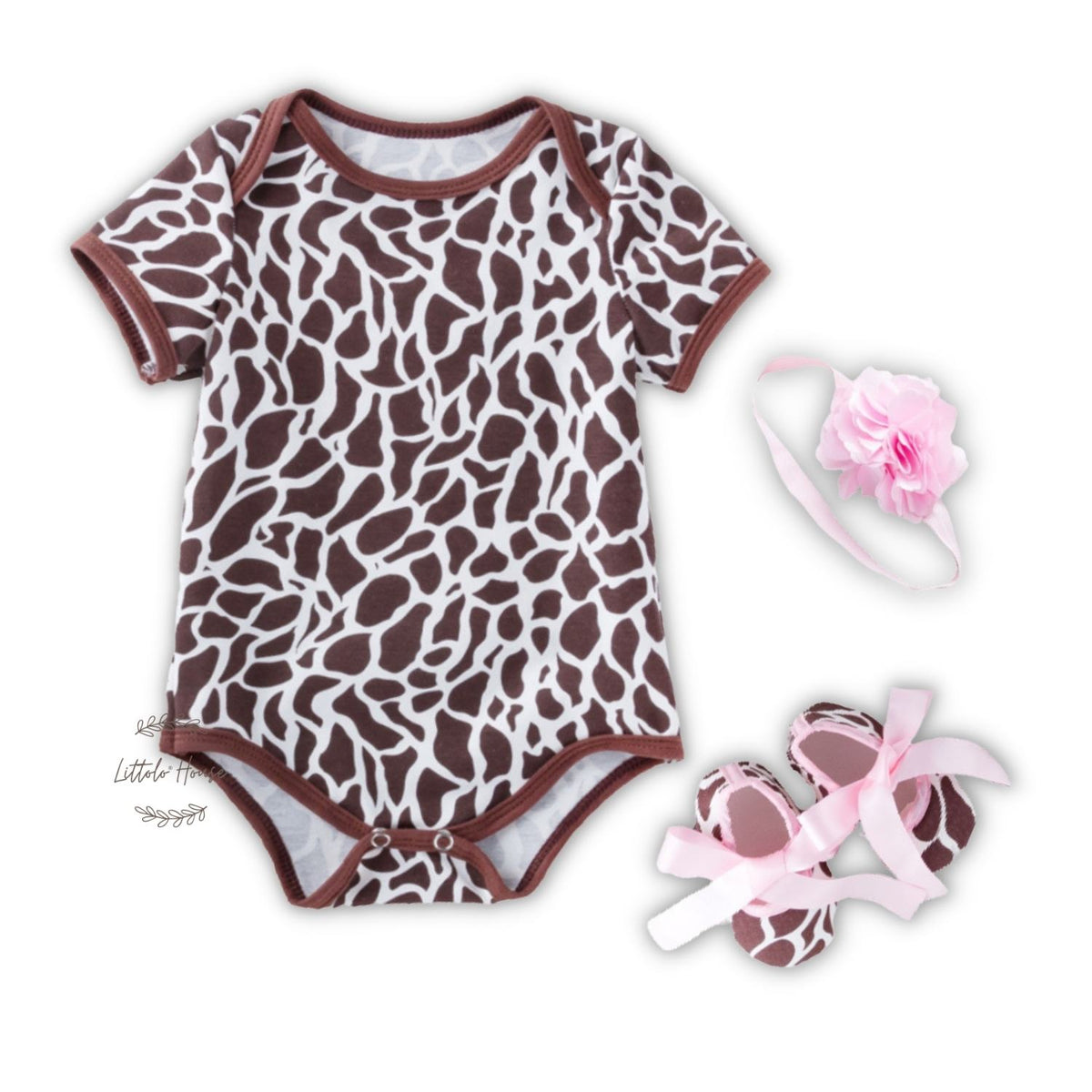 Baby Girl Romper with Hairband and Booties Set of 3 Outfit O065 | 1Y | Deer Print