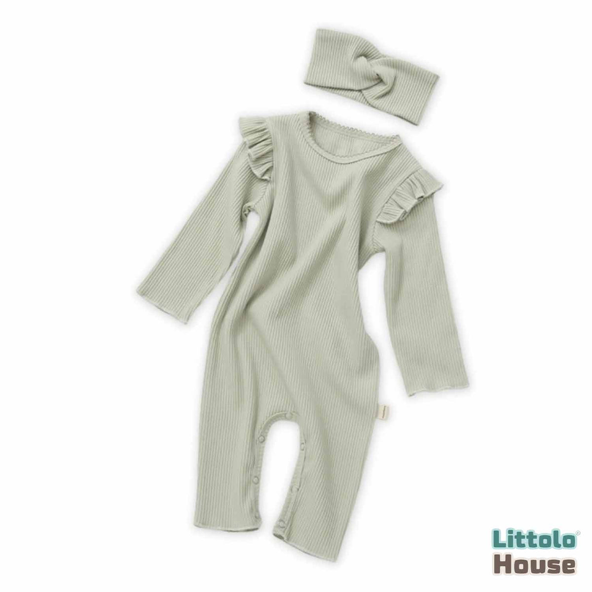 Baby Girl Ruffled Full Sleeves Romper with Earband O094 | 1Y | Pistachio