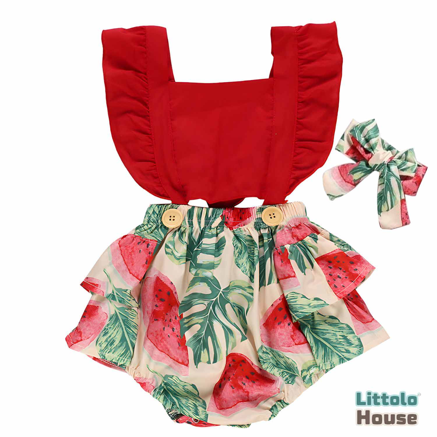 Baby Girl Sleeveless Straps Romper Jumpsuit O016 Outfit | Watermelon