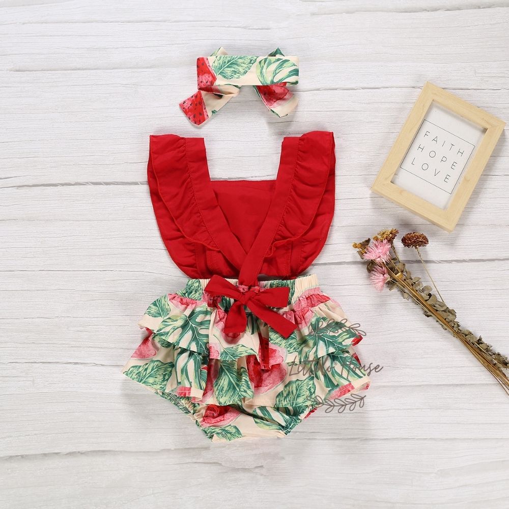 Baby Girl Sleeveless Straps Romper Jumpsuit O016 Outfit | Watermelon