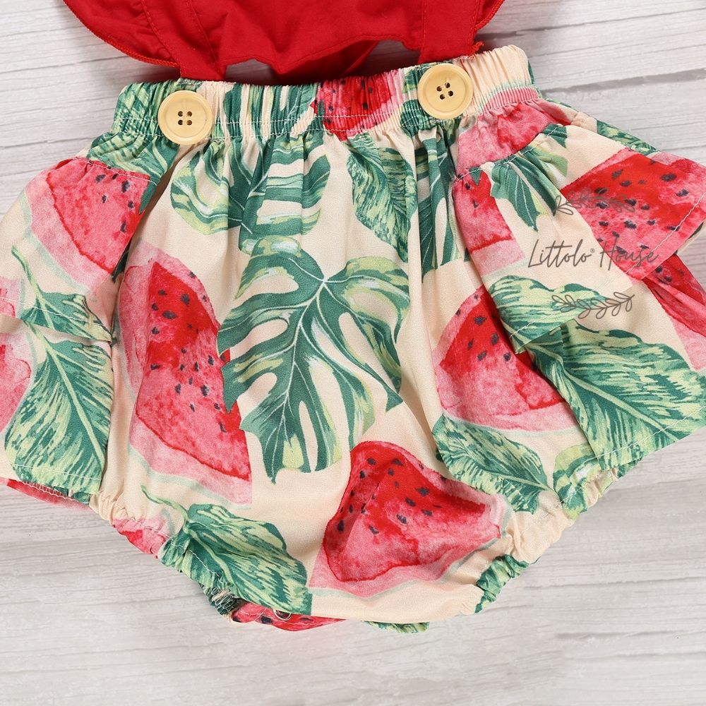 Baby Girl Sleeveless Straps Romper Jumpsuit O016 Outfit | Watermelon