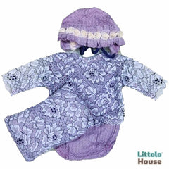 Baby Girl Soft Printed Posing Aid, Bonnet with Dress Outfit S018 | Set of 3 | 3M | Purple