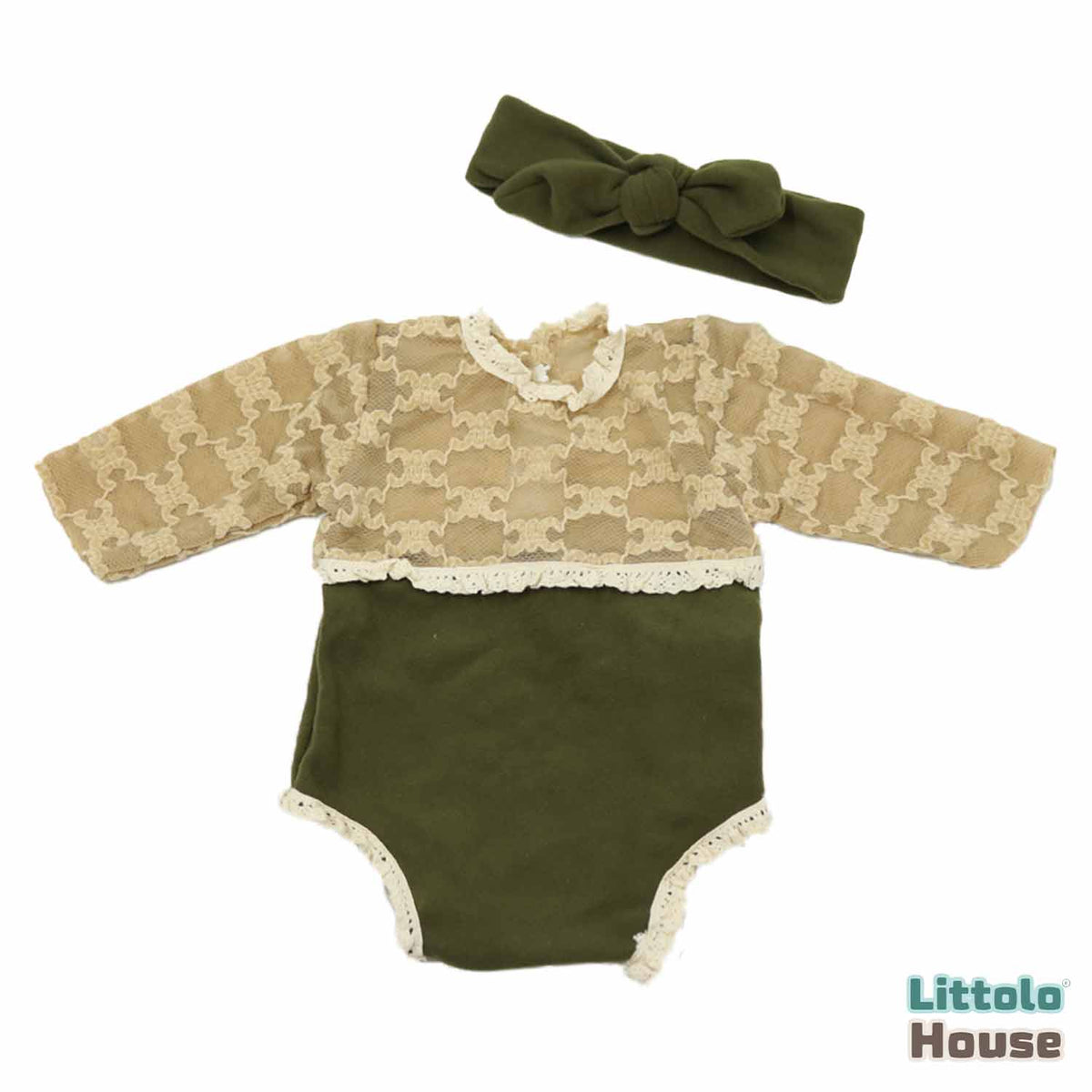 Baby Girl Stylish Dual Shade Romper with Hairband O128 | NB | Olive Green