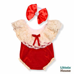 Baby Girl Velvet Lace Net Romper with Bow Hairband O110 | NB | Beige Red