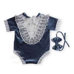 Baby Girl Velvet Romper with Hairband O089 | NB | Blue