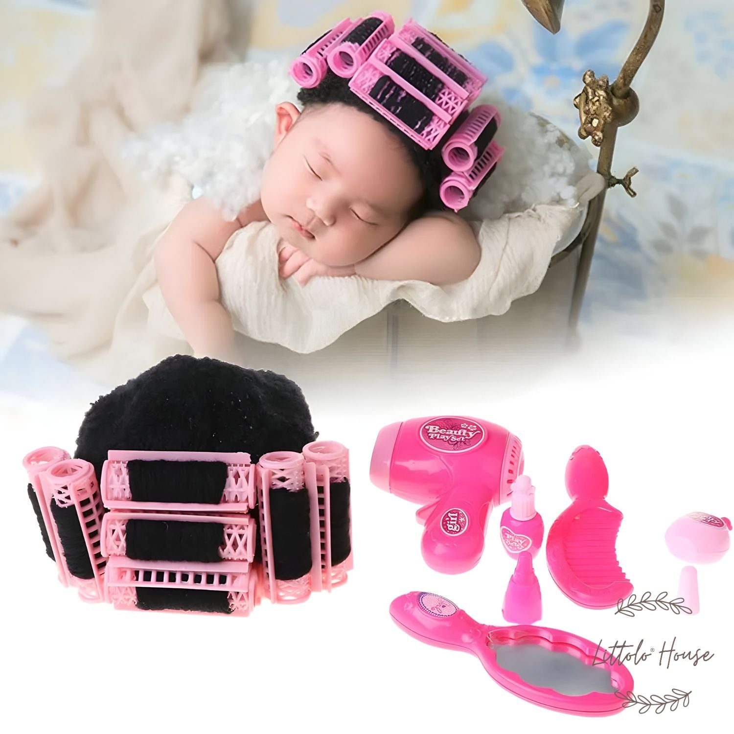 Baby Hair Curler with Hair Dressing Set A035 | 1Y | Black Pink