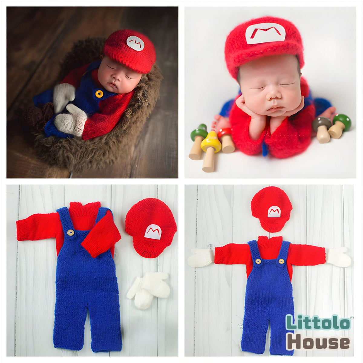 Baby Crochet Dungaree with Cap Outfit | 6M | Red Blue