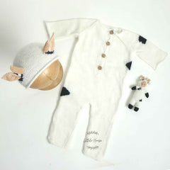 Baby Mohair knitted Romper Bonnet and Teddy Calf Set of 3 Outfit O059 | NB | White