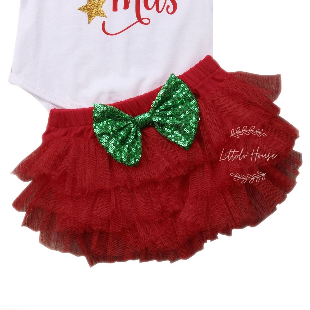 Baby My First Christmas Romper with Mesh Skirt and Hairband Outfit O021 | 1Y | White Red