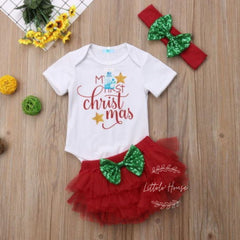 Baby My First Christmas Romper with Mesh Skirt and Hairband Outfit O021 | 1Y | White Red