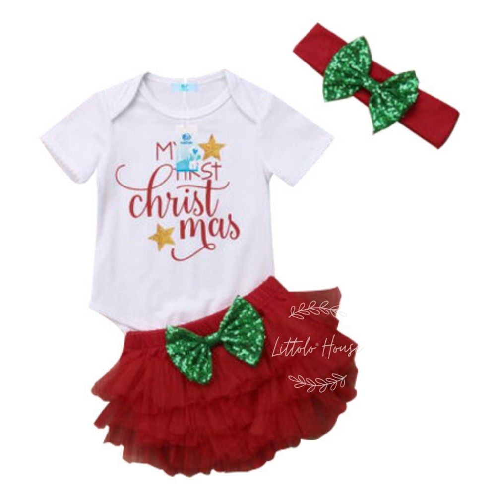 Baby My First Christmas Romper with Mesh Skirt and Hairband Outfit O021 | 1Y | White Red