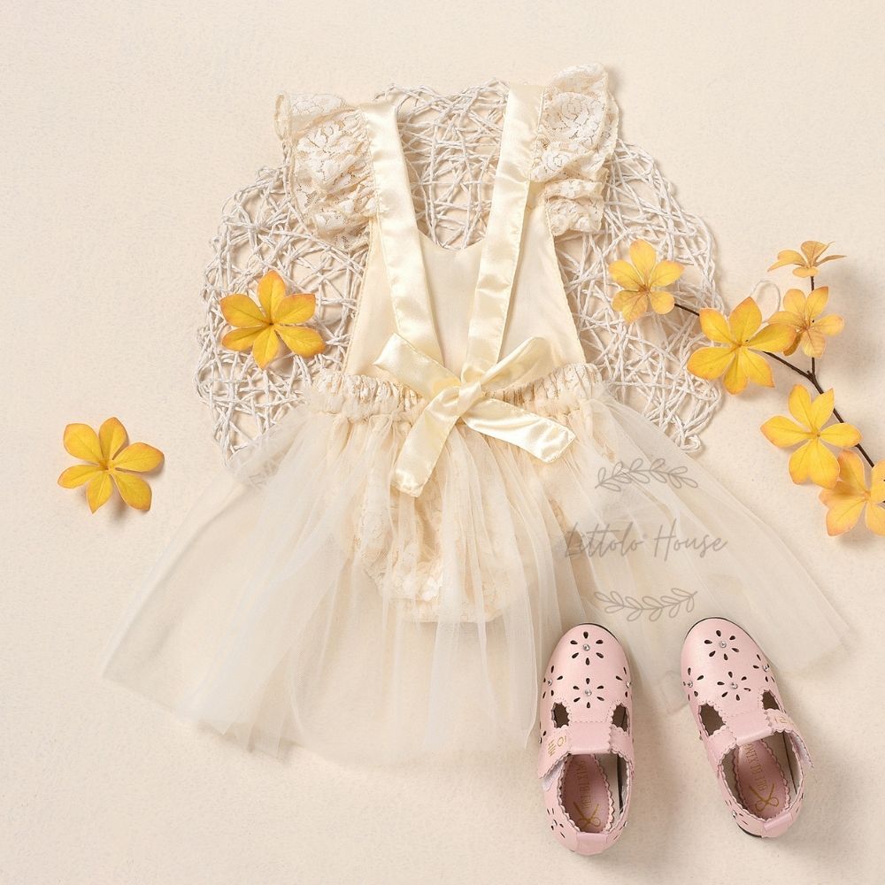 Baby Romper Lace Mesh Skirt with Airplane Sleeves Outfit O022 | 2Y | Beige