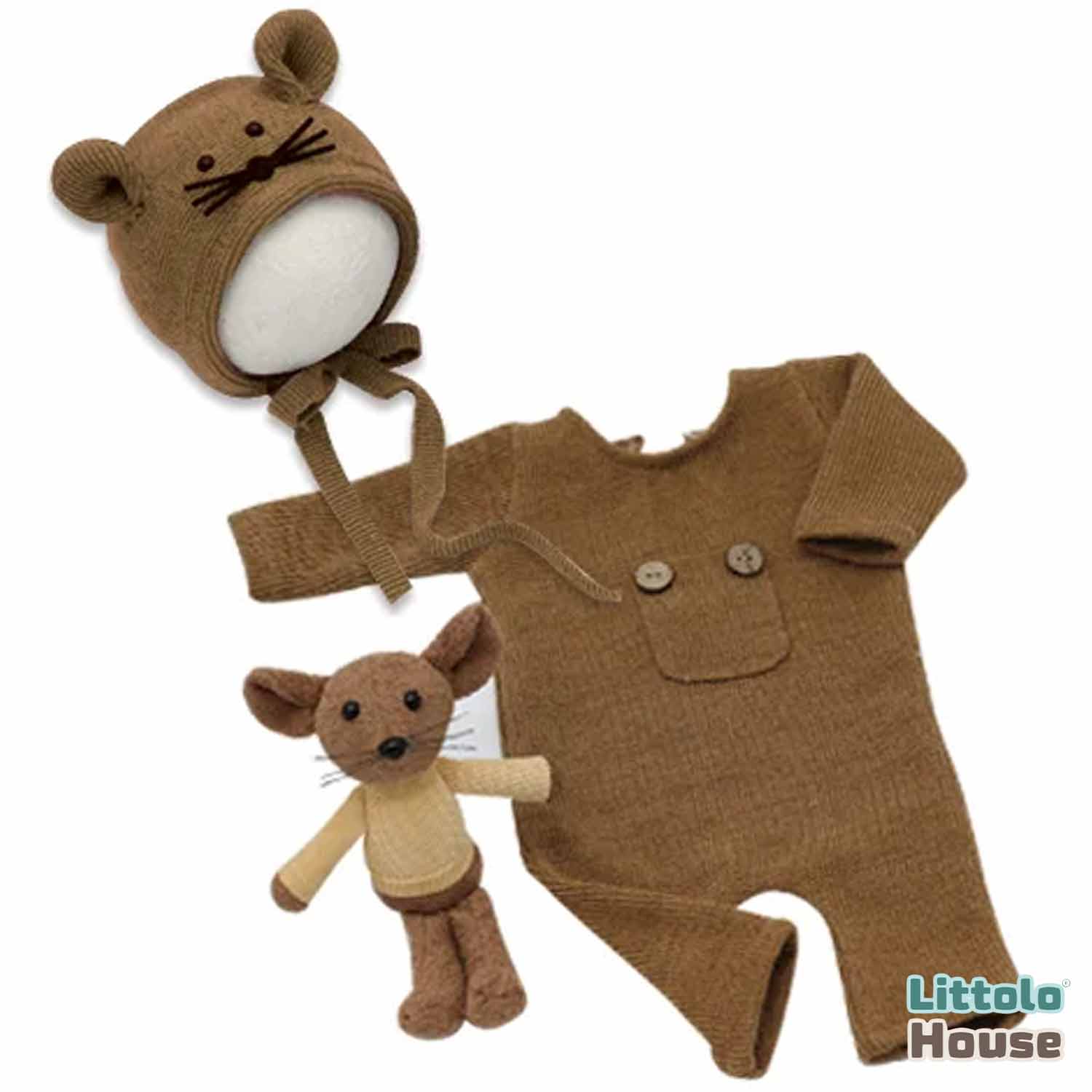 Baby Romper with Bonnet and Teddy SR020 | Set of 3 | 2M | Brown